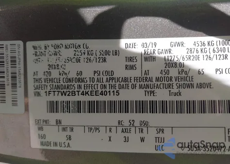 2019 Ford F-250 Lariat from USA, damaged, VIN 1FT7W2BT4KEE40115